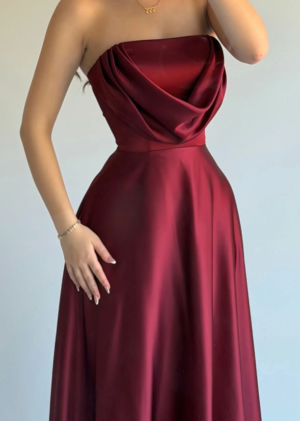 Simple Burgundy A Line Strapless Satin Long Prom Dress Evening Dress DP6934