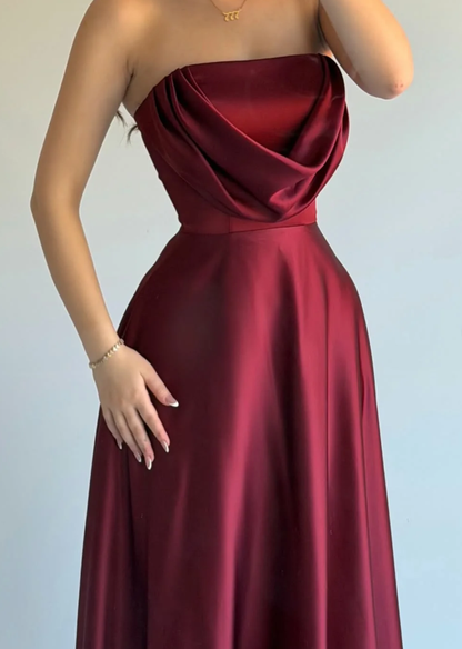 Simple Burgundy A Line Strapless Satin Long Prom Dress Evening Dress DP6934