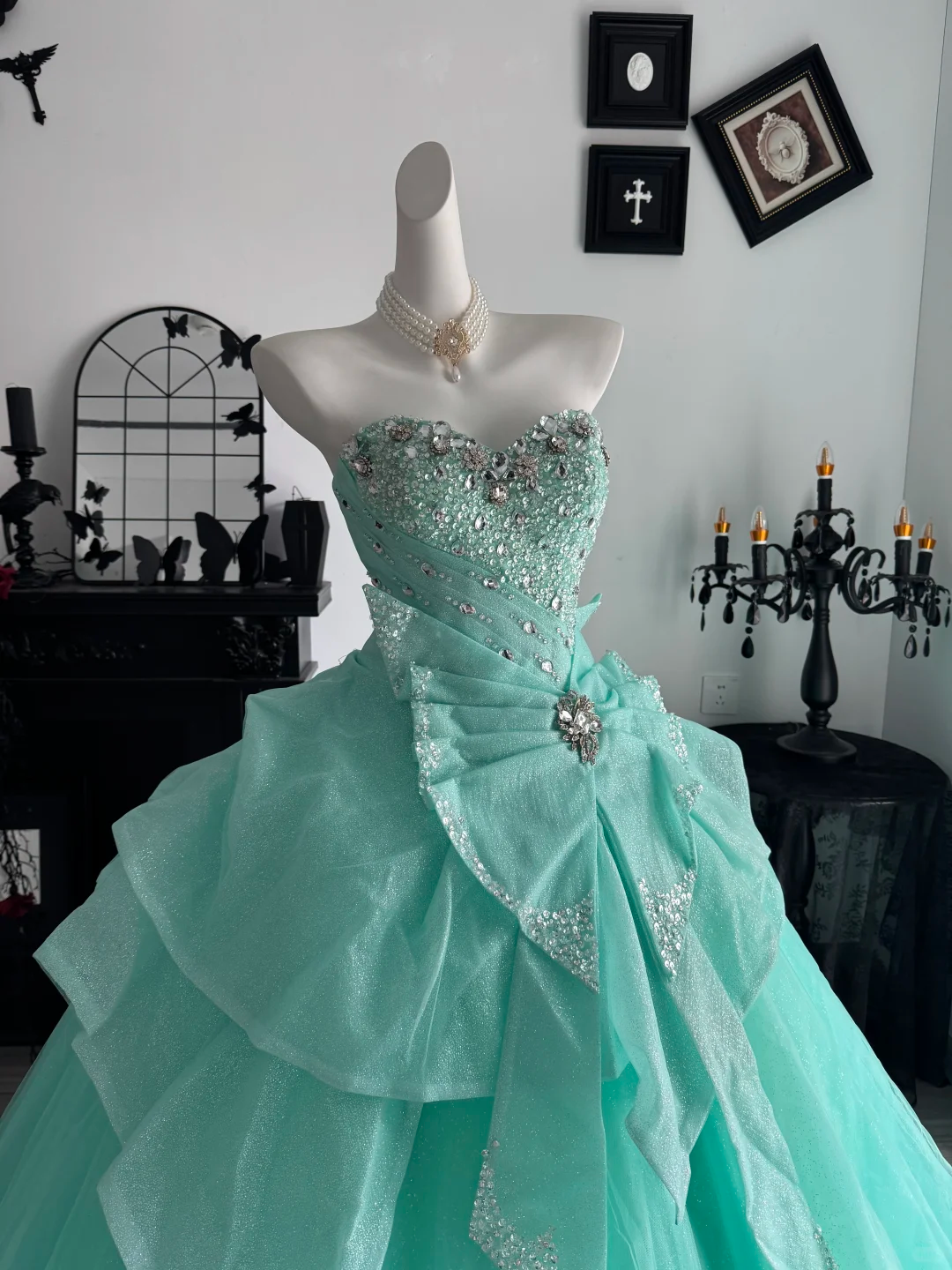Mint Green Ball Gown Sweetheart Neck Sequin Beaded Tulle Prom Dress Quinceanera Dress DP6965