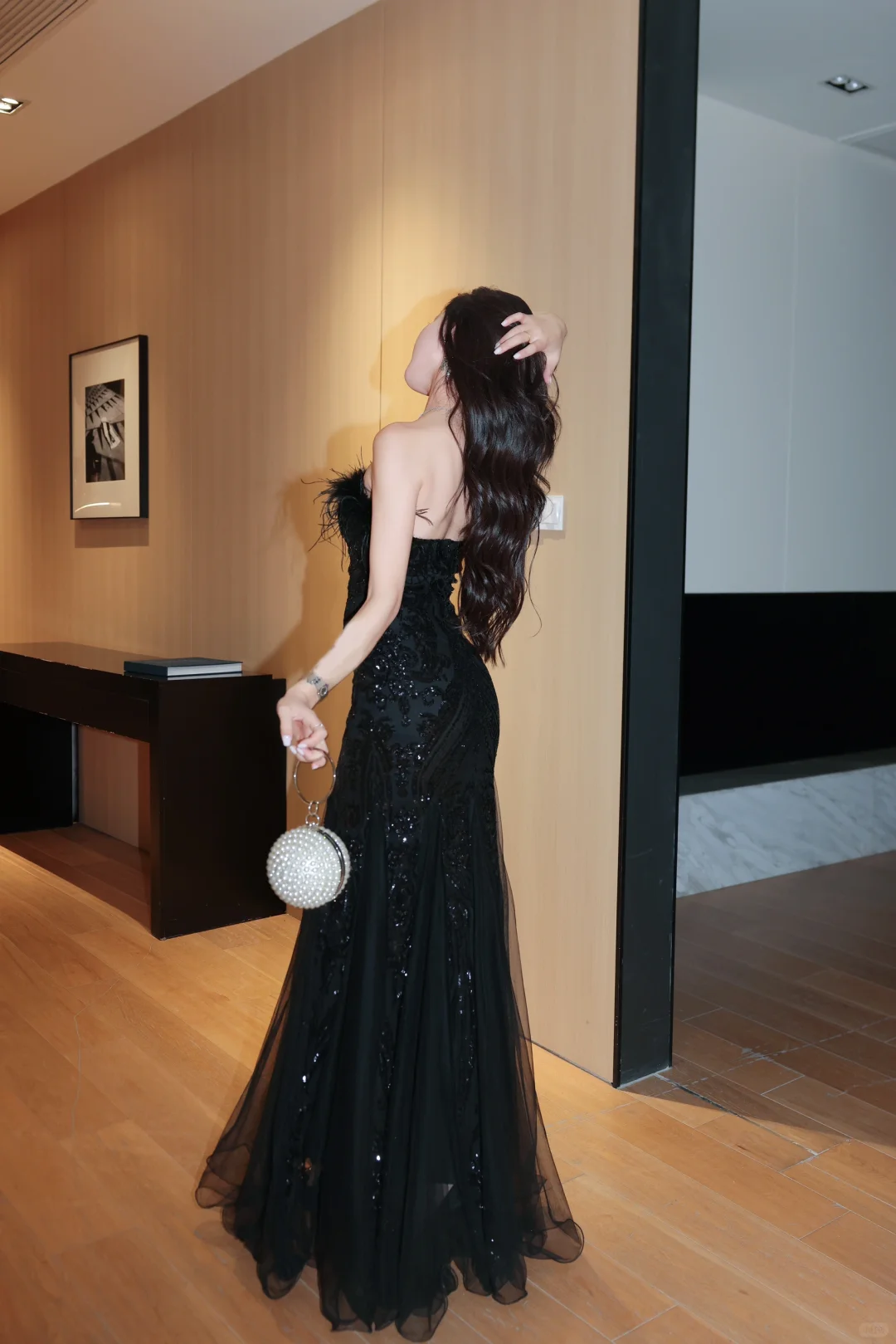 Sexy Mermaid Strapless Feather Black Sequin Tulle Prom Dress Evening Dress DP2026