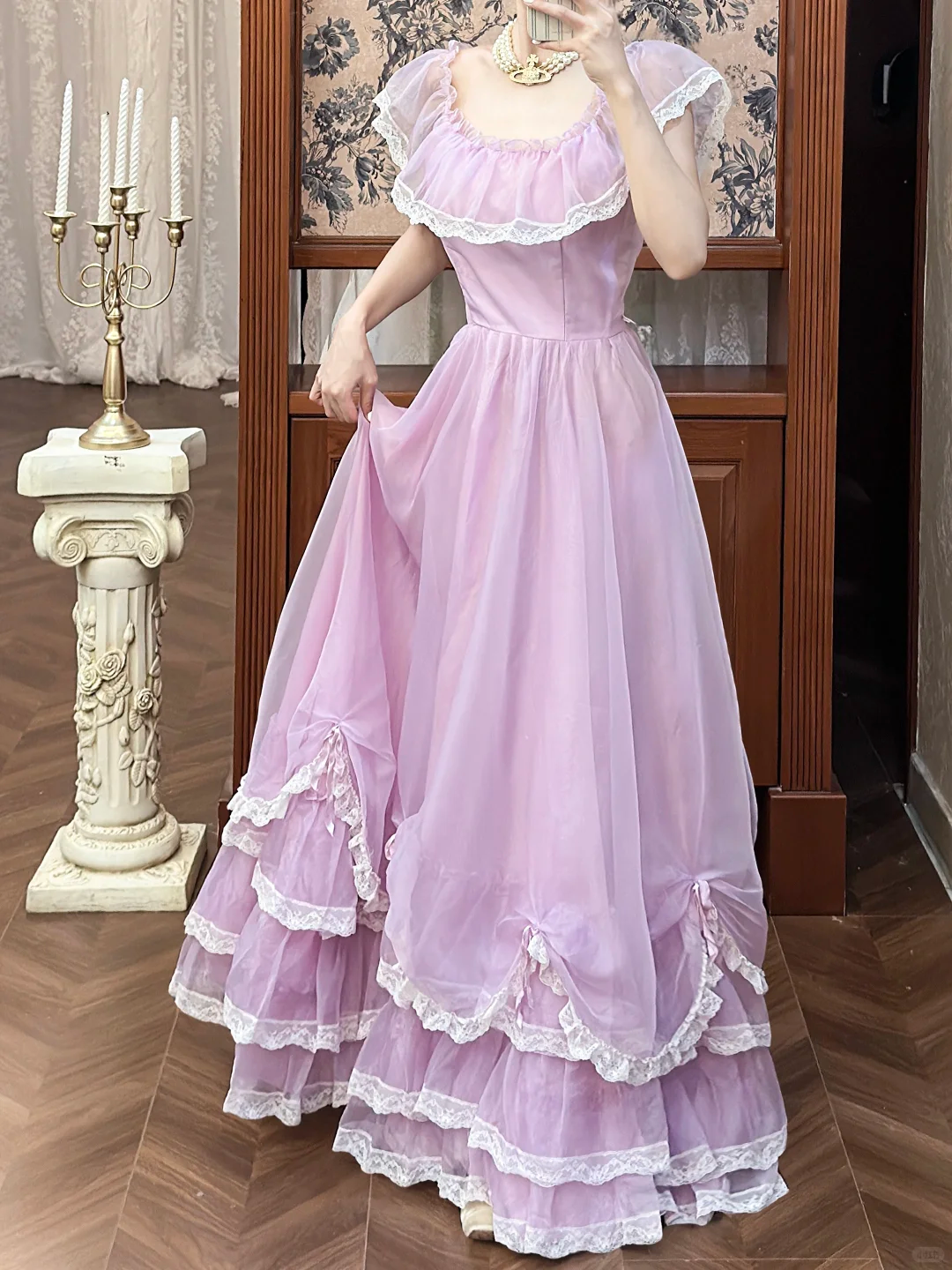 Vintage Lilac A Line Round Neck White Lace Chiffon Long Prom Dress Evening Dress DP5614