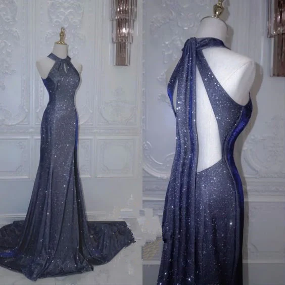 Navy Blue Mermaid Halter Sequin Long Prom Dresses Formal Evening Dress DP177