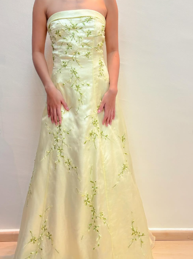 Elegant A Line Strapless Embroidery Light Yellow Satin Prom Dress Evening Dress DP1641