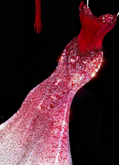 Charming Red Ombre Mermaid Strapless Beaded Satin Tulle Prom Dress Evening Dress DP6618