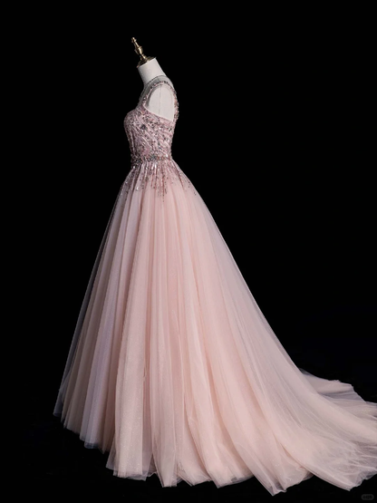 Gorgeous A Line Strap Beaded Sequin Pink Tulle Prom Dress Evening Dress DP2024