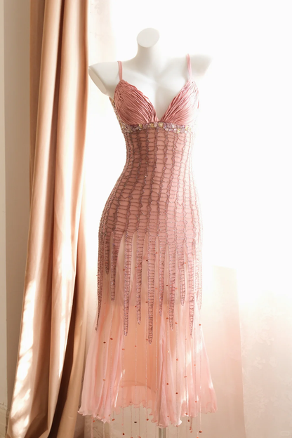 Vintage Pink A Line Exquisite Beaded Chiffon Short Prom Dress Homecoming Dress DP5436