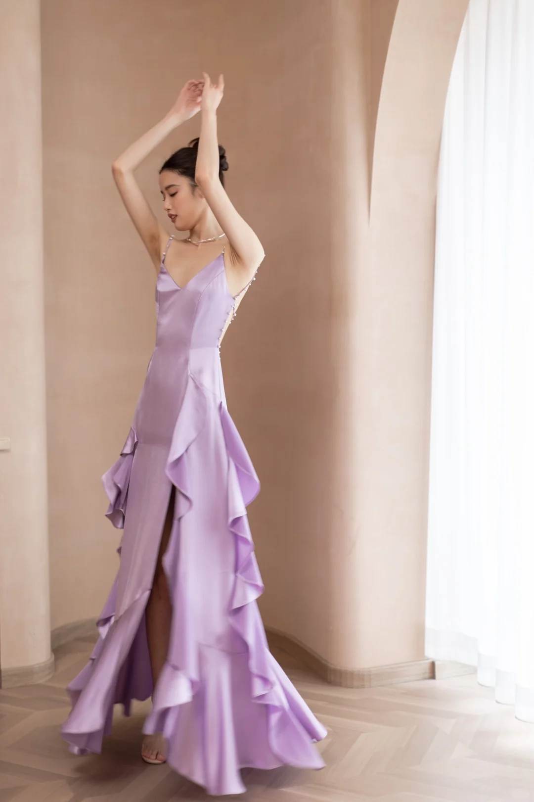 Flowy Ruffle Mermaid Spaghetti Strap Purple Satin Open Back Prom Dress Formal Dress DP3338