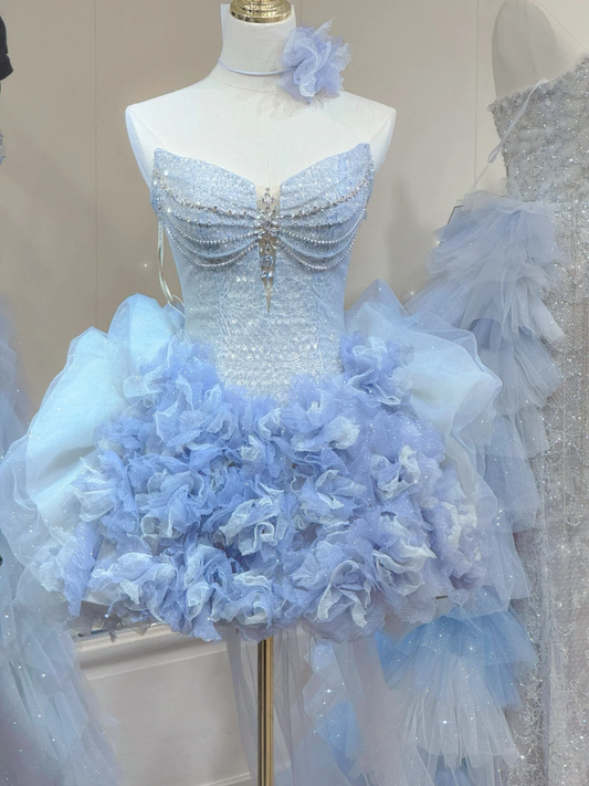 Gorgeous A Line Strapless Rhinestone Sequin Tulle Short Homecoming Dress Cocktail Dress DP2641