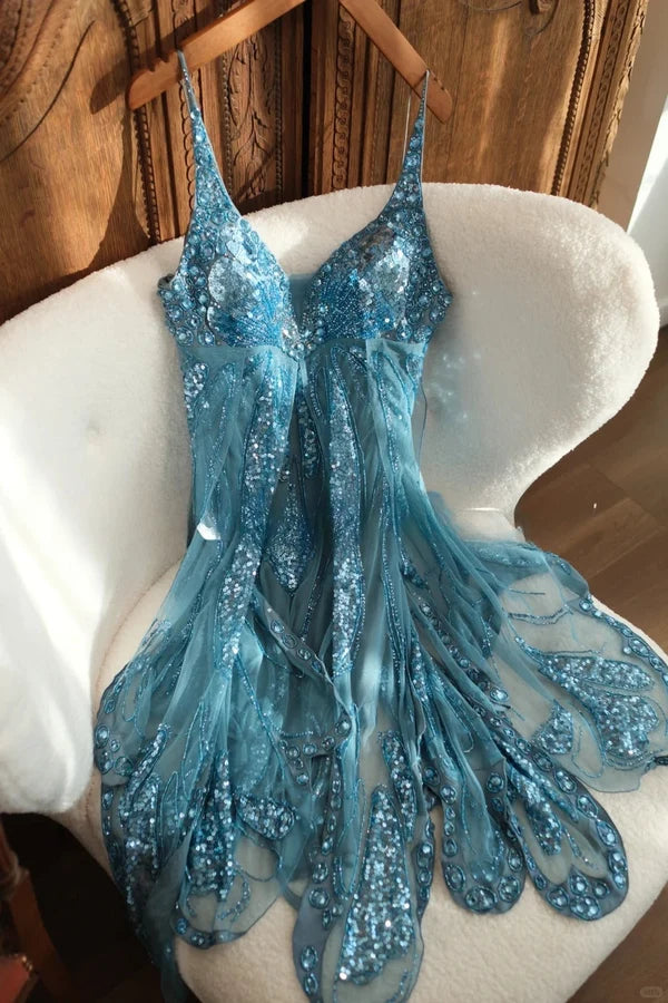 Vintage V-neck Sheath Chiffon Beaded Short Prom Dresses, Turquoise Homecoming Dresses DP7550