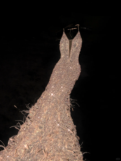 Gold Romantic Mermaid V Neck Feather Sequin Tulle Prom Dress Evening Dress Party Dress DP2968