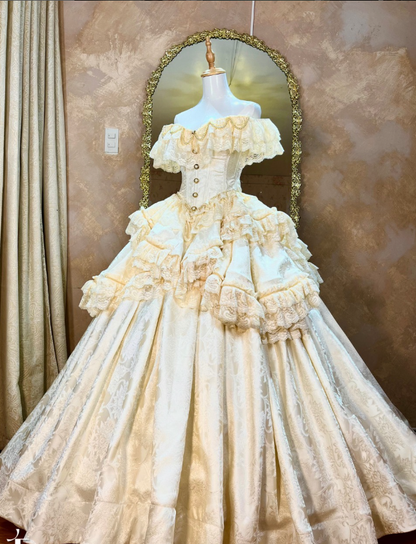 Apricot Ball Gown Off the Shoulder Layered Lace Satin 16th Birthday Dress Quinceanera Dress DP4439