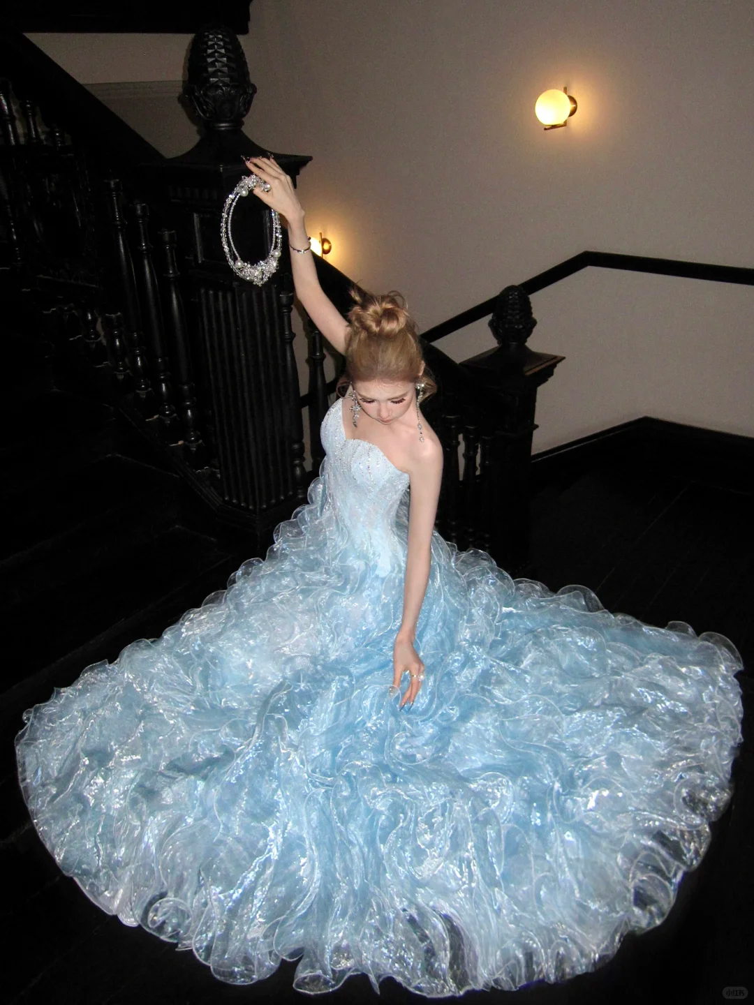 Stunning Baby Blue Ball Gown Shiny Sequin Flowy Organza Long Prom Dress Evening Dress DP5382