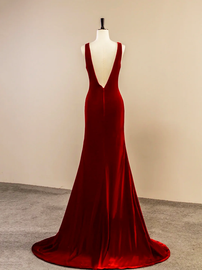 Burgundy V-Neck Velvet Long Prom Dress Mermaid Backless Evening Dress DP257