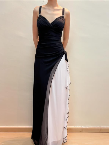 Vintage Black-white A Line Straps Chiffon Prom Dress Evening Dress Date Dress DP5271