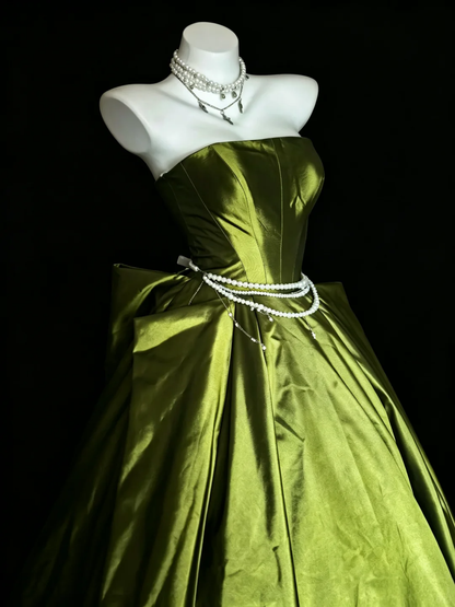 Elegant Green A Line Strapless Satin Prom Dress Party Evening Dress DP5349