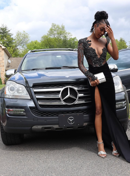 Gorgeous Sheath V Neck Long Sleeve Beaded Black Velvet Prom Dress Evening Dress DP1817