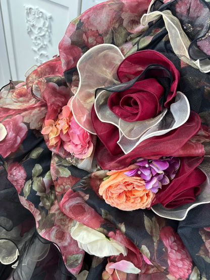 Vintage Black-Red Ball Gown Strapless 3D Floral Layered Organza Prom Dress Sweet 16 Dress DP5665