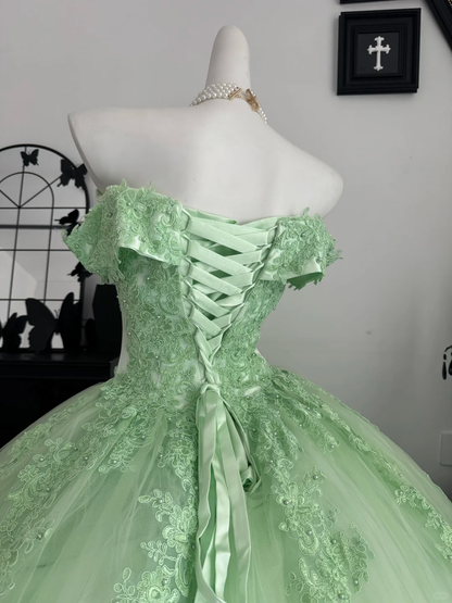 Green Ball Gown Off the Shoulder Bow Applique Tulle Prom Dress Quinceanera Dress DP6953
