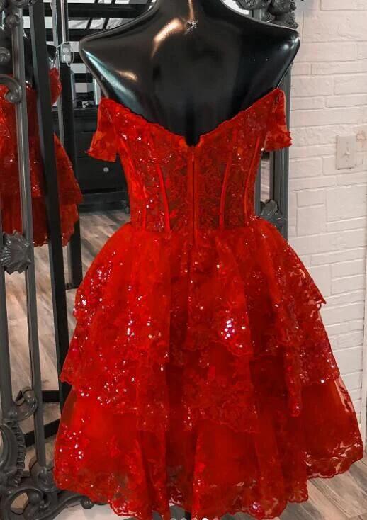 Charming Red Tulle Sequin A-Line Ruffles Homecoming Dress DP567