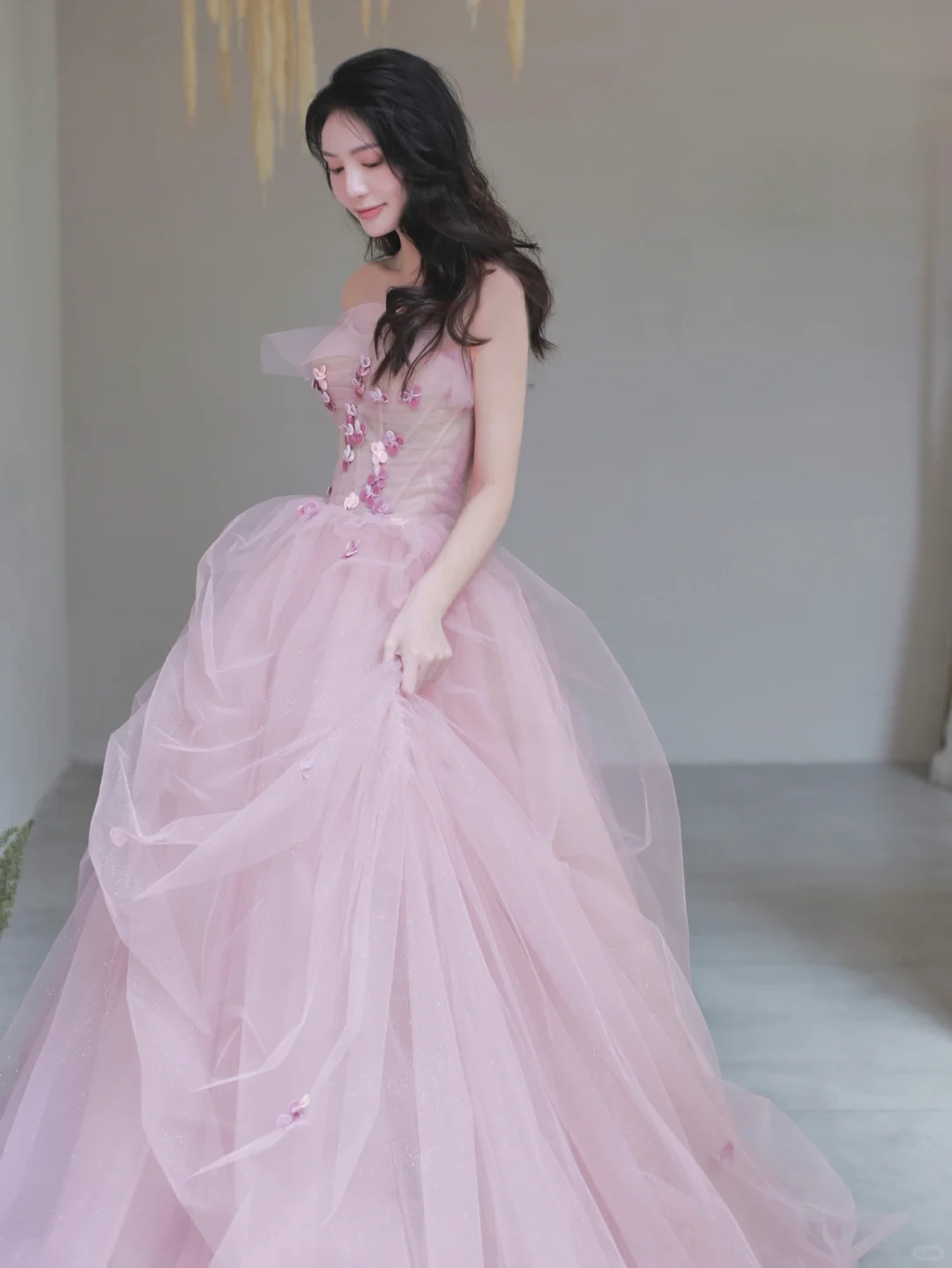 Elegant A Line Strapless Pink Flower Tulle Long Party Dress Evening Dress DP2549