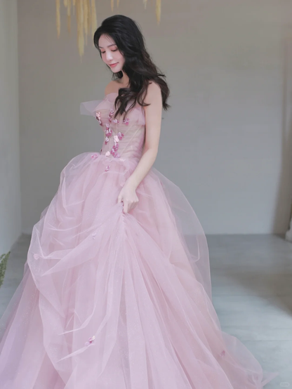 Elegant A Line Strapless Pink Flower Tulle Long Party Dress Evening Dress DP2549
