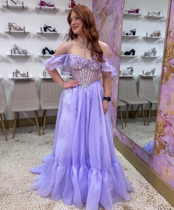 Princess Purple A Line Off the Shoulder Beaded Corset Tulle Prom Dress Party Evening Dress DP6290