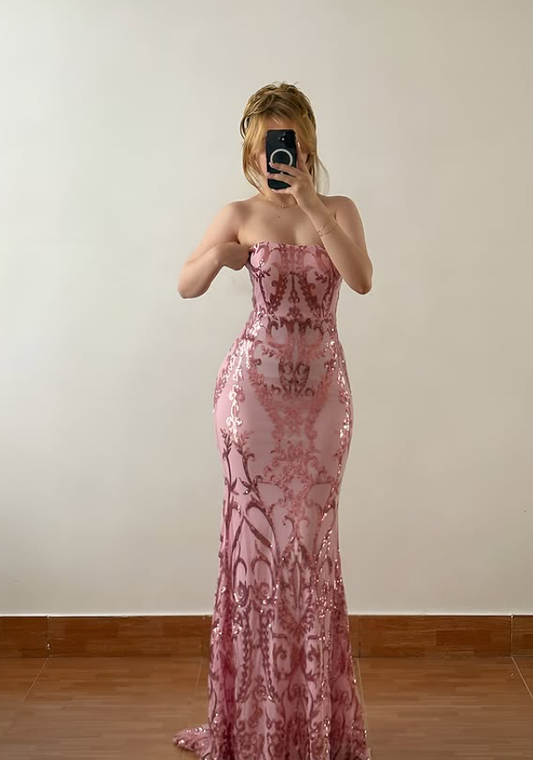 Pink Sheath Strapless Shiny Sequin Prom Dress Evening Dress DP6047