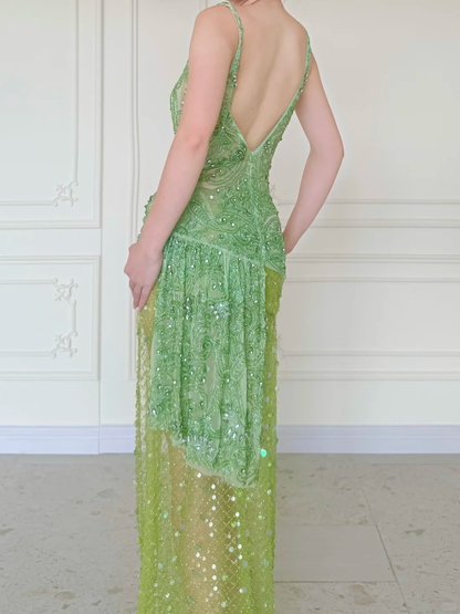 Summer Green A Line V Neck Shiny Beaded Slit Long Prom Dress Evening Dress DP5472