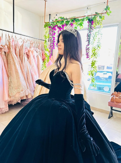 Black Swan Pearl Unique Velvet Ball Gown Sweet 16 Dress Quinceanera Dress DP3027