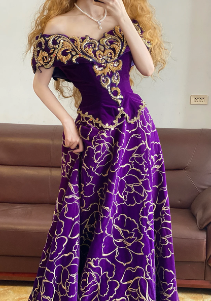 Purple A Line V Neck Beaded Embroidery Velvet 16th Birthday Dress Party Dress Quinceanera Dress DP4094