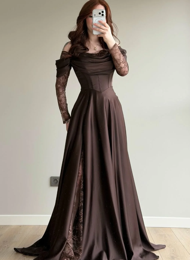 Elegant Brown A Line Long Sleeve Lace Satin Prom Dress DP5021