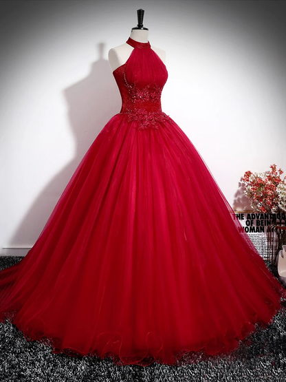 Red A-Line Halter Long Prom DressTulle Evening Dress DP250