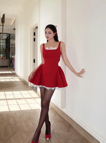 Charming A Line Straps Red Satin White Lace Short Homecoming Dress DP2824