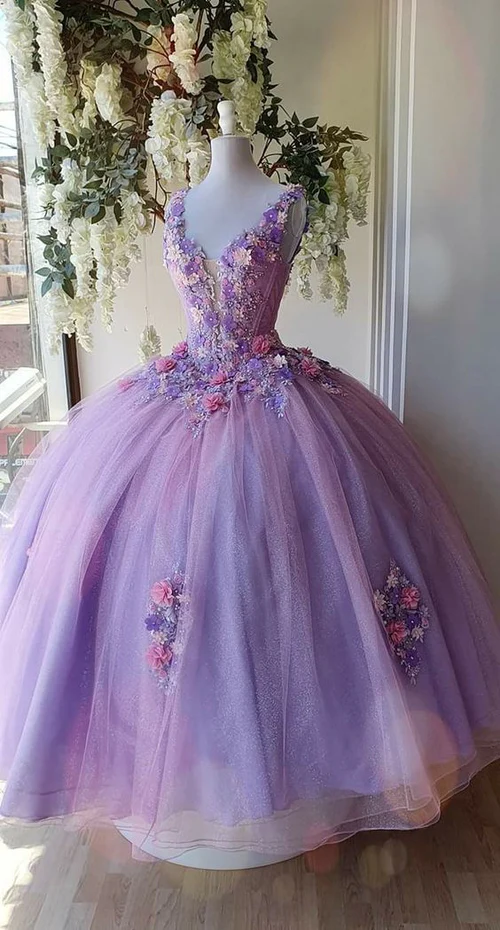 Lavender Princess Tulle Long Prom Dress Flower Ball Gown Quinceanera Dress DP692