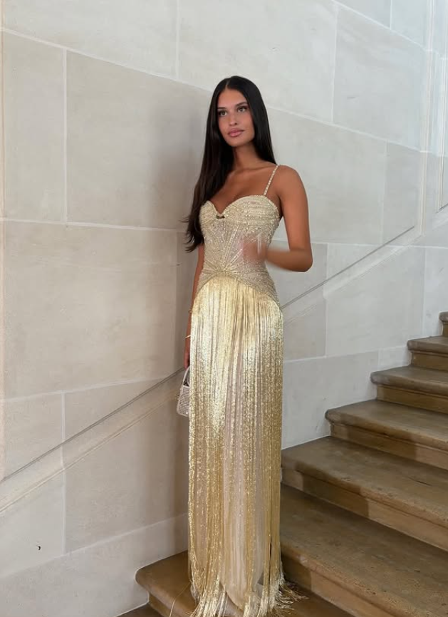 Gold A Line Spaghetti Straps Beaded Satin Long Prom Dress Evening Dress DP4807