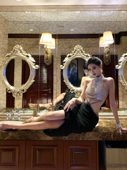 Sexy Mermaid Halter Sequin Beaded Satin Open Back Prom Dress Party Dress DP4552