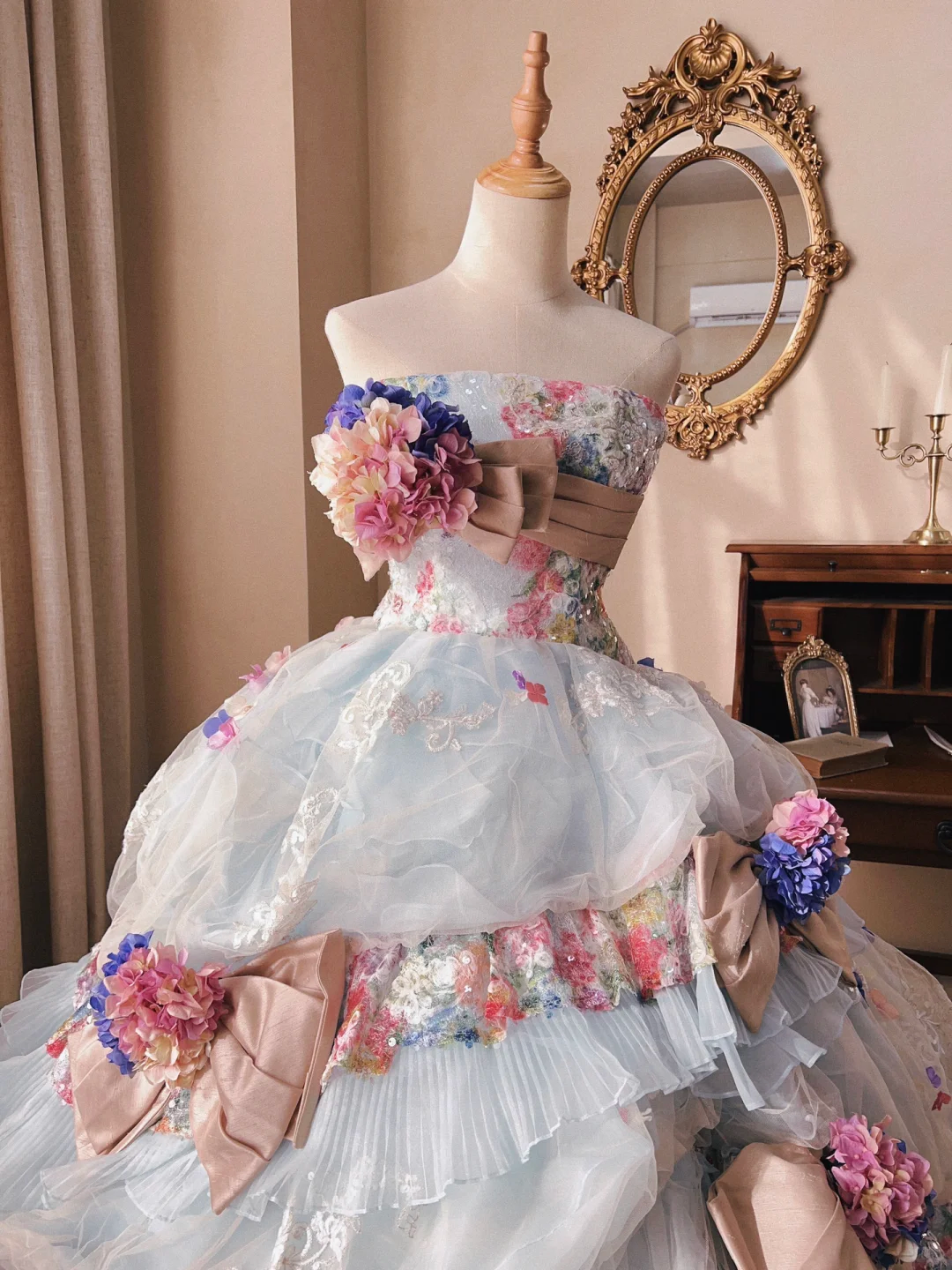 Dreamy Baby Blue Ball Gown Floral Tulle Prom Dress 16TH Birthday Dress DP5017