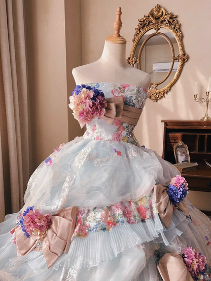 Dreamy Baby Blue Ball Gown Floral Tulle Prom Dress 16TH Birthday Dress DP5017