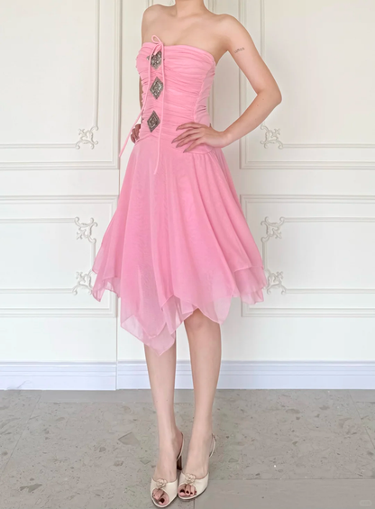 Vintage A Line Strapless Sweety Pink Chiffon Homecoming Dress Outfits DP5136