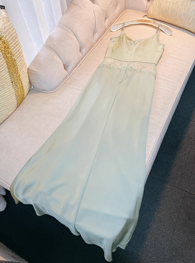 Sexy Green Mermaid Spaghetti Strap Lace Satin Prom Dress Wedding Guest Dress DP4485