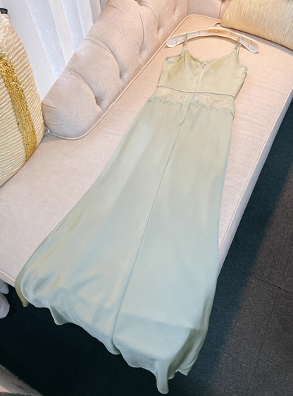 Sexy Green Mermaid Spaghetti Strap Lace Satin Prom Dress Wedding Guest Dress DP4485