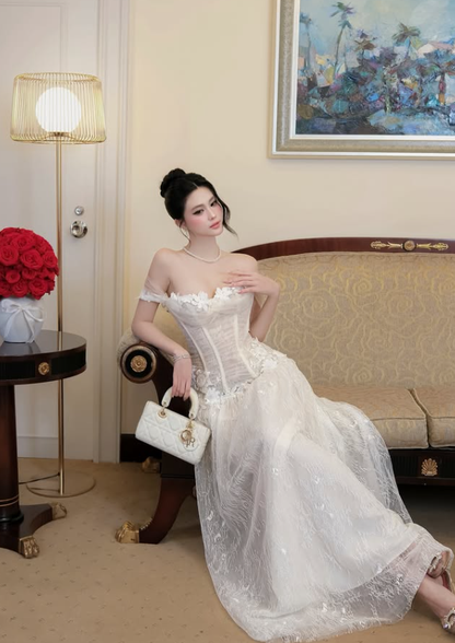 New White A Line Spaghetti Strap Sequin Lace Tulle Prom Dress Evening Dress DP7952