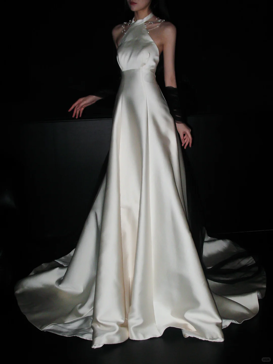 Stunning Black Tulle Bow A Line Halter Pearl White Satin Long Wedding Dress DP5784
