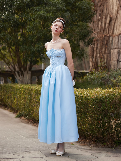 Cinderella A Line Strapless Blue Satin Prom Dress Party Dress DP2736