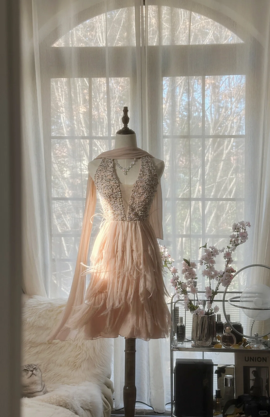 Gorgeous A Line Halter Beaded Chiffon Short Homecoming Dress Cocktail Dress DP2476