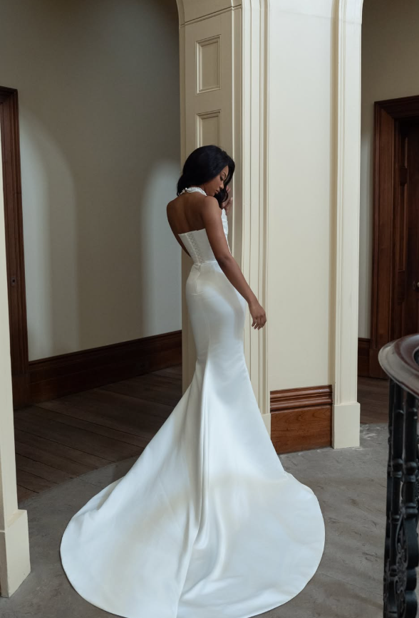 Romantic Mermaid Strapless White Satin Long Train Wedding Dress DP5826