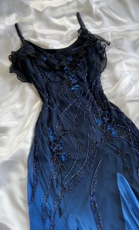 Sparkly Navy Blue Chiffon Beaded Long Prom Dress Formal Party Dress DP658