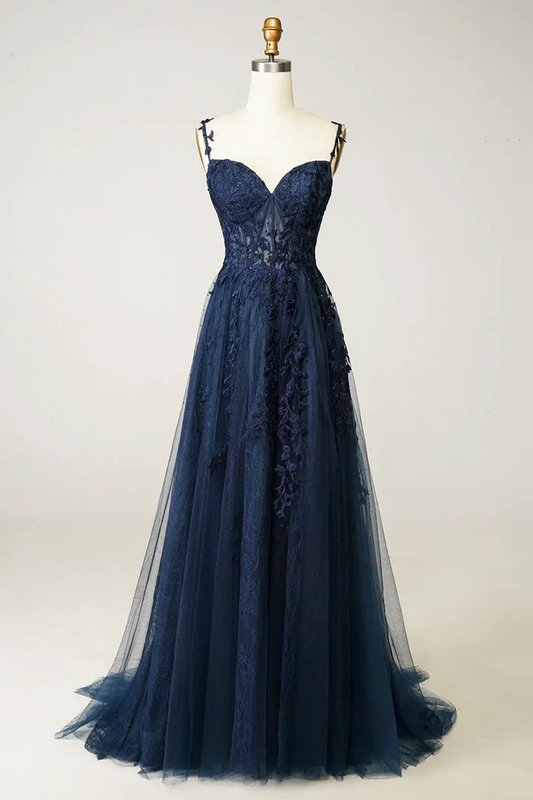 Beautiful A Line Spaghetti Straps Navy Blue Appliques Prom Dress  Evening Dress DP094