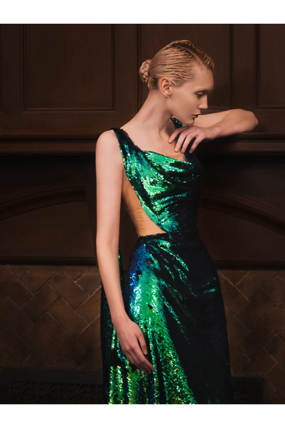 Green A Line Straps Sequin Open Back Prom Dress Wedding Party Dress DP2627