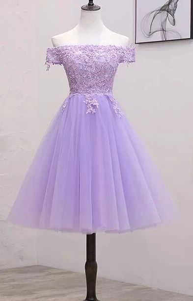 Elegant Purple Tulle Lace Appliques Off The Shoulder Homecoming Dress Mini Party Dress DP557